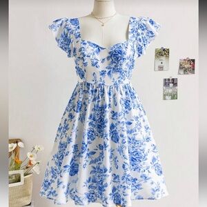 SHEIN Blue and White Floral Mini Dress